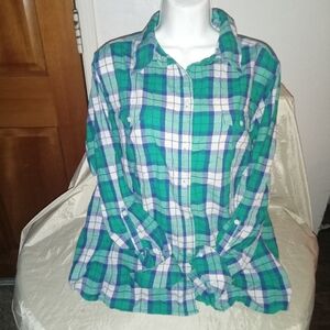 Green and Blue Plaid Button-Up Shirt For Women Size XXL